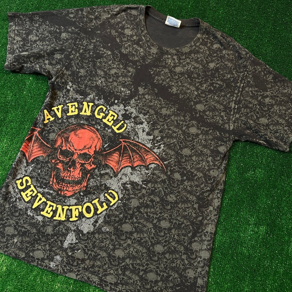 Hanes Avenged Sevenfold T-Shirt Mens Medium Black All Over Print Deathbat Skull